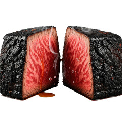 Ultra-macro shot of perfectly seared A5 Wagyu steak, dynamically cut, revealing juicy ruby-red interior with marbling, steam rising, on transparent background. Concept of gourmet luxury