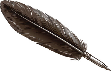 Brown quill pen with detailed feather texture writing