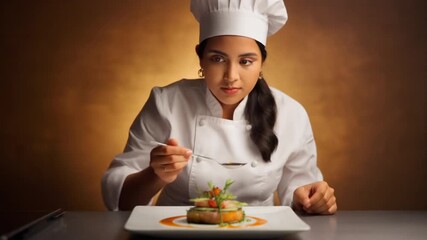 Cinematic footage of chef preparing gourmet dish with precision plating on a seamless warm background with culinary art vibrant color and luxury presentation perfect for food branding restaurant promo