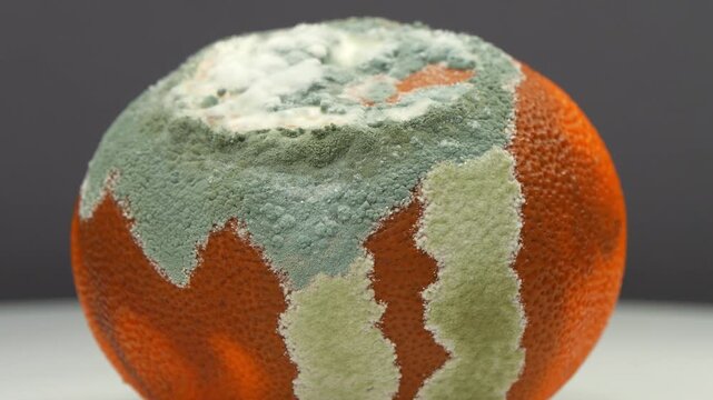 Rotten mandarin. Tangerine covered with mold. Rotten citrus fruit rotates on grey background