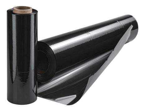 Two rolls of black, glossy, stretch wrap, a packaging material, sit against a black backdrop