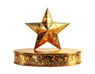 A golden, five-pointed star award atop a round pedestal, rendered with a realistic, glossy finish