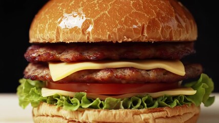 Close up of a person assembling a delicious hamburger with fresh ingredients