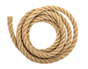 Coiled natural rope, a circular form with visible texture and end detail, set against black background