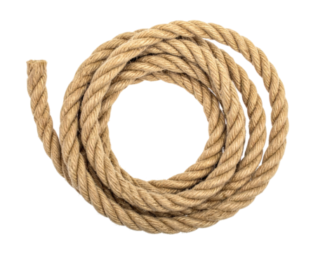 Coiled natural rope, a circular form with visible texture and end detail, set against black background