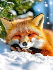 Fototapeta premium Playful red fox relaxing in snowy winter wonderland nature photography outdoor serenity close-up view