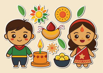 Cartoon Illustration of Diwali Celebration with Children Sweets Flowers and Decorations in a Flat Style