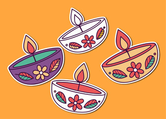 Colorful Diwali Lamps Illustration with Decorative Flowers and Leaves on a Vibrant Orange Background Four
