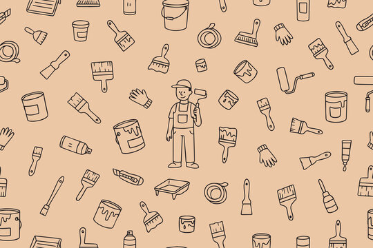 A seamless pattern of painting tool icons, home improvement equipment, rollers, brushes, and masking tape. Doodle-style illustrations of finishing work, painters, and tools.