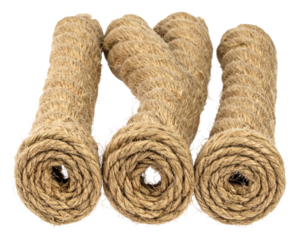 Three rolls of coiled, rough rope with natural fiber texture, isolated on a transparent background