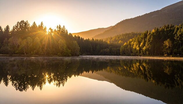 Majestic sunrise over a tranquil lake reflecting vibrant autumn trees and distant mountains a serene natural landscape in soft golden light