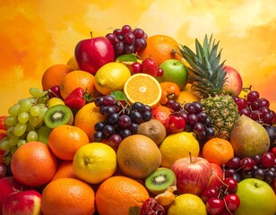 A vibrant pile of assorted fresh fruits on a golden gradient