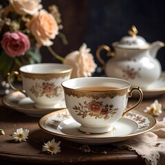 Elegant teacups with floral design and a teapot