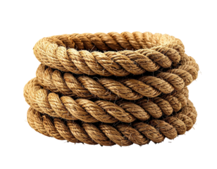 A close-up of a coiled rope, showing texture and multiple layers, isolated on a black background