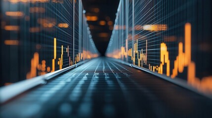 Suspended bridge over financial graphs leading to a vault, market navigation