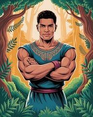 Enigmatic Presence in the Woods: A powerful individual stands confidently amidst a vibrant forest, his arms crossed, his gaze intense, and his attire a fusion of cultural aesthetics.