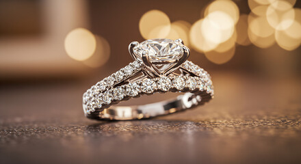 Elegant diamond engagement ring with sparkling stones and bokeh background