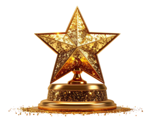 A radiant, golden star award atop a pedestal, with intricate detailing, on a black background