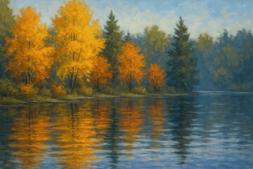 Serene Autumn Landscape with Reflections on Calm Water