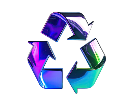 A glossy, metallic recycling symbol with a vibrant, iridescent color palette against a black backdrop