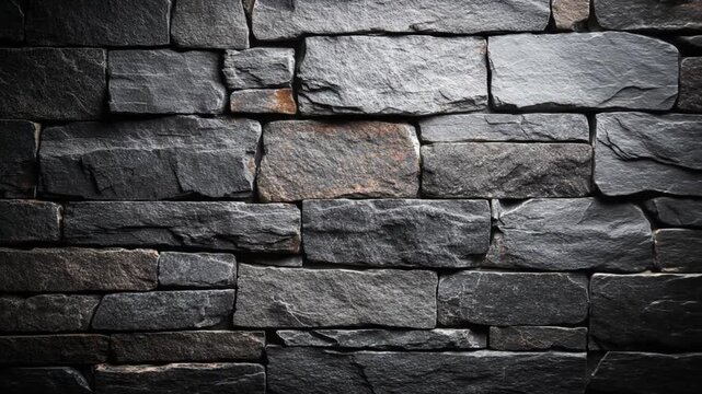 Dark natural stone wall texture background. Rough irregular stacked grey rock surface, rustic architectural material pattern for design.