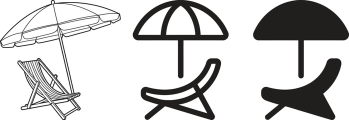 Beach chair and umbrella icons in sketch outline and silhouette styles