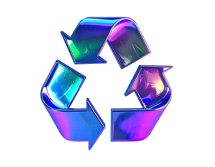 Glossy three-arrow symbol with colorful iridescent finish against a black background