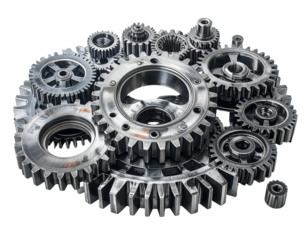 Close-up of interlocked metallic gears with varying sizes and intricate tooth patterns against black