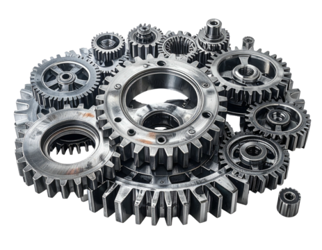 Close-up of interlocked metallic gears with varying sizes and intricate tooth patterns against black