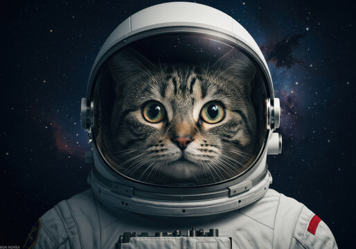 Adorable cat astronaut exploring the cosmos with wide eyes