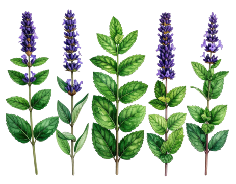 An arrangement of five stems, featuring leafy stalks and vivid purple, spiky flower clusters