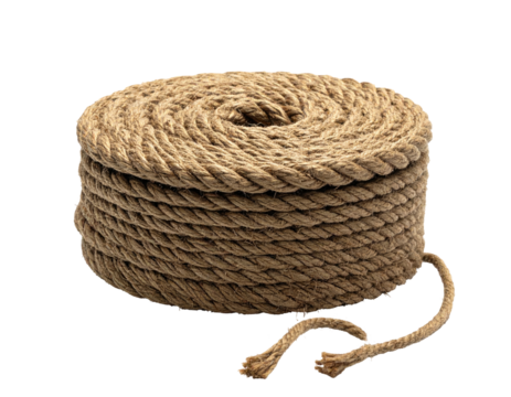 A tightly coiled, natural-fiber rope roll sits against a seamless black background