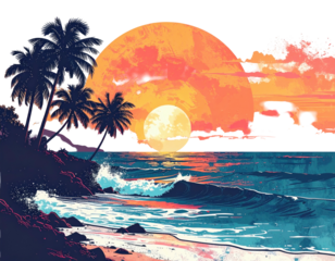 Coastal illustration depicting a sunset with a full moon over the ocean, palm trees, and rocky shore