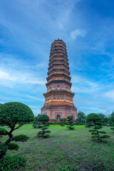 Bai Dinh Pagoda, Ninh Binh, the biggest buddhist temple complex in Vietnam, tourist religious travel destination. Scenic karst landscape.