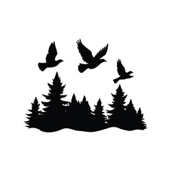 Three birds gracefully soar over a silhouette of evergreen trees and nature, forest birds flying silhouette vector illustration