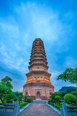 Bai Dinh Pagoda, Ninh Binh, the biggest buddhist temple complex in Vietnam, tourist religious travel destination. Scenic karst landscape.