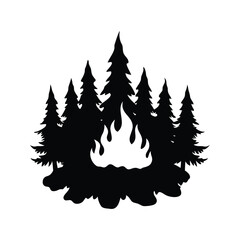 Silhouette of campfire with surrounding pine trees providing a peaceful atmosphere, forest campfire silhouette vector illustration