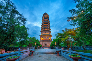 Bai Dinh Pagoda, Ninh Binh, the biggest buddhist temple complex in Vietnam, tourist religious travel destination. Scenic karst landscape.
