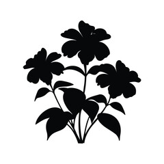 Black Silhouette Flower Arrangement with three blossoms and many leaves on white, jungle flower bloom silhouette vector illustration