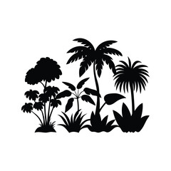 Obraz premium Black silhouette of a lush tropical forest with palm trees and plants, jungle plants and shrubs silhouette vector illustration