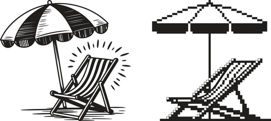 Two hand drawn deck chairs and umbrellas on a white background