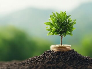 Digital tree growing cryptocurrency coins in serene landscape, stable returns