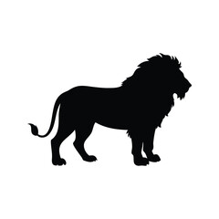 Majestic Black Lion Silhouette Standing Proudly on a White Isolated Background, lion standing in profile silhouette vector illustration