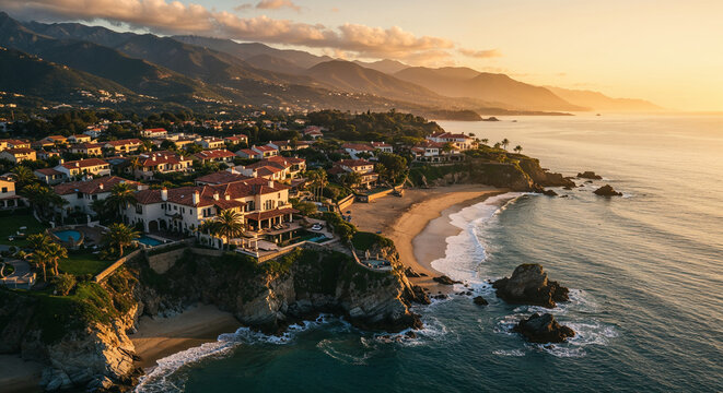 Coastal Town with Mediterranean Villas at Sunset city village