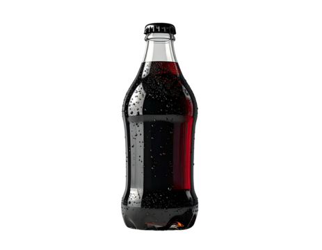 Clear glass beverage bottle filled with dark liquid, droplets, cap, and a red label