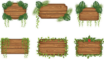 Wooden signboard illustration, nature foliage decoration, rustic wood signs, tropical leaves design, eco friendly banner, botanical frame, natural decorative element