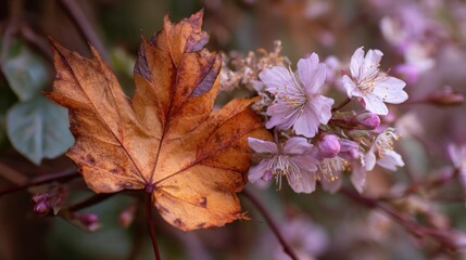 Fototapeta premium A Faded Autumn Leaf's Final Rest Among Delicate Spring Cherry Blossoms