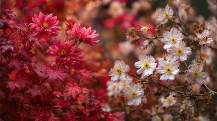Fototapeta premium Crimson Dahlias and Delicate Cherry Blossoms: A Symphony of Floral Contrasts in Autumnal Hues