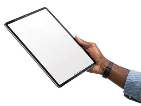 Realistic hand holding black tablet with blank white screen isolated on transparent background, digital device mockup for app or website UI UX design presentation, modern tablet display template 