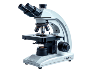 A white and black microscope angled to show eyepieces, objectives, and control knobs against a backdrop